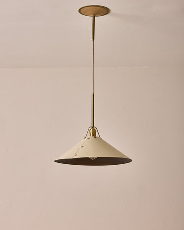 Robert True Ogden RTO Lighting - Extra Large Yaffa Pendant -Tumbled Brass Half Poles - Eggshell Leather Shade Natural Oak Canopy#leather-shade_eggshell-leather