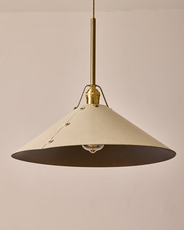 Robert True Ogden RTO Lighting - Extra Large Yaffa Pendant -Tumbled Brass Half Poles - Eggshell Leather Shade Natural Oak Canopy#leather-shade_eggshell-leather