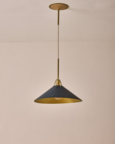 Robert True Ogden RTO Lighting - Extra Large Yaffa Pendant -Tumbled Brass Half Poles - Navy Leather Shade Natural Oak Canopy#leather-shade_navy-leather