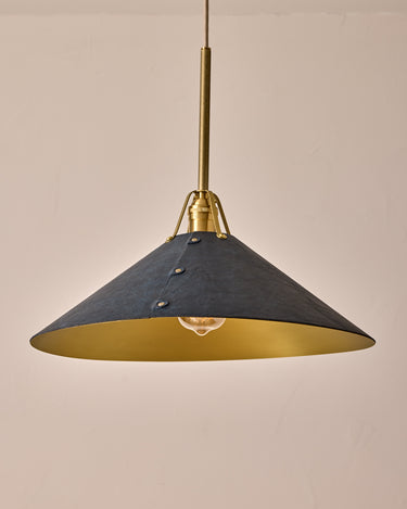 Robert True Ogden RTO Lighting - Extra Large Yaffa Pendant -Tumbled Brass Half Poles - Navy Leather Shade Natural Oak Canopy#leather-shade_navy-leather