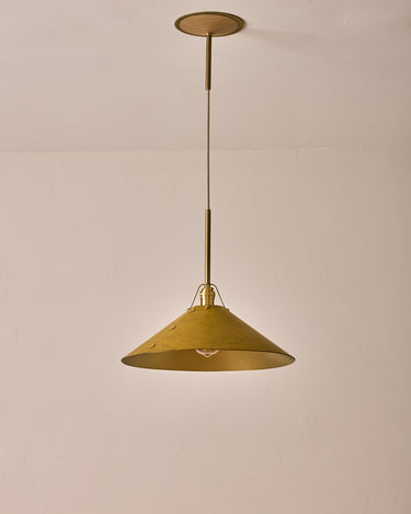Robert True Ogden RTO Lighting - Extra Large Yaffa Pendant -Tumbled Brass Half Poles - Spruce Leather Shade Natural Oak Canopy#leather-shade_spruce-leather
