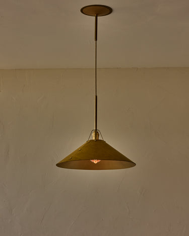 Robert True Ogden RTO Lighting - Extra Large Yaffa Pendant -Tumbled Brass Half Poles - Spruce Leather Shade Natural Oak Canopy#leather-shade_spruce-leather