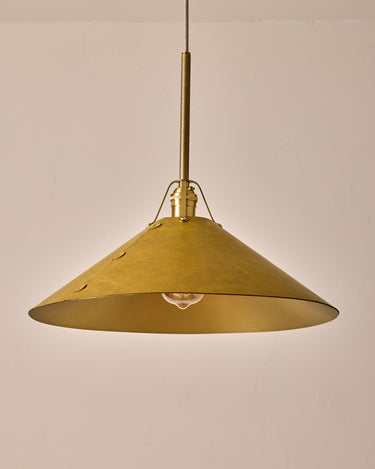 Robert True Ogden RTO Lighting - Extra Large Yaffa Pendant -Tumbled Brass Half Poles - Spruce Leather Shade Natural Oak Canopy#leather-shade_spruce-leather