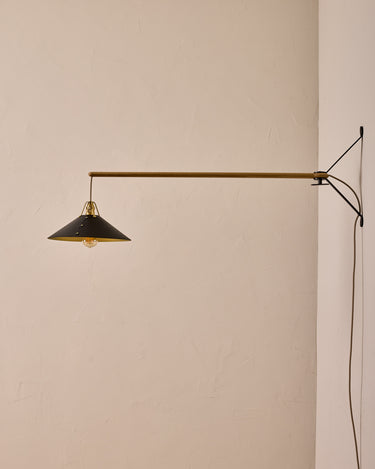 Robert True Ogden RTO Lighting - Large Yaffa Swing Arm Sconce - Black Leather Shade - Natural Oak Arm - Oil Rubbed Brass Wall Brackets#leather-shade_black-leather
