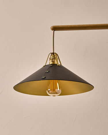 Robert True Ogden RTO Lighting - Large Yaffa Swing Arm Sconce - Black Leather Shade - Natural Oak Arm - Oil Rubbed Brass Wall Brackets#leather-shade_black-leather