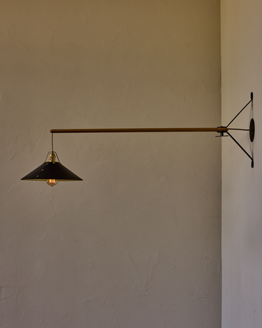 Robert True Ogden RTO Lighting - Large Yaffa Swing Arm Sconce - Black Leather Shade - Natural Oak Arm - Oil Rubbed Brass Wall Brackets#leather-shade_black-leather