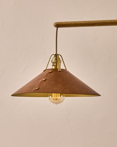 Robert True Ogden RTO Lighting - Large Yaffa Swing Arm Sconce - Cognac Leather Shade - Natural Oak Arm - Oil Rubbed Brass Wall Brackets#leather-shade_cognac-leather