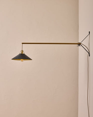 Robert True Ogden RTO Lighting - Large Yaffa Swing Arm Sconce - Navy Leather Shade - Natural Oak Arm - Oil Rubbed Brass Wall Brackets#leather-shade_navy-leather
