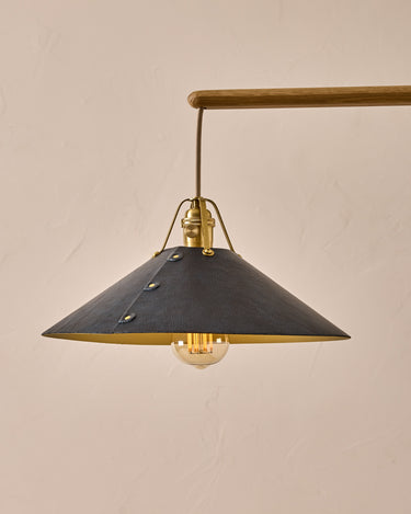 Robert True Ogden RTO Lighting - Large Yaffa Swing Arm Sconce - Navy Leather Shade - Natural Oak Arm - Oil Rubbed Brass Wall Brackets#leather-shade_navy-leather