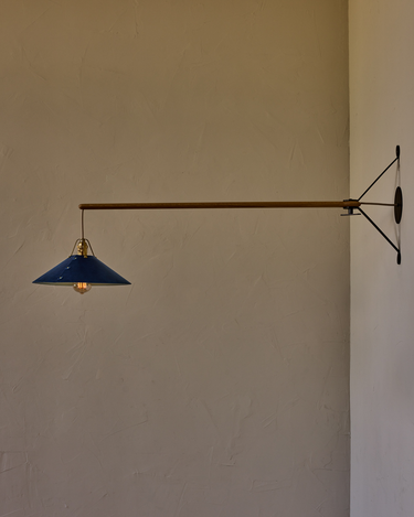 Robert True Ogden RTO Lighting - Large Yaffa Swing Arm Sconce - Navy Leather Shade - Natural Oak Arm - Oil Rubbed Brass Wall Brackets#leather-shade_navy-leather