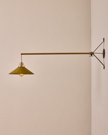 Robert True Ogden RTO Lighting - Large Yaffa Swing Arm Sconce - Spruce Leather Shade - Natural Oak Arm - Oil Rubbed Brass Wall Brackets#leather-shade_spruce-leather