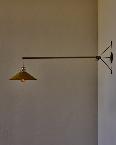 Robert True Ogden RTO Lighting - Large Yaffa Swing Arm Sconce - Spruce Leather Shade - Natural Oak Arm - Oil Rubbed Brass Wall Brackets#leather-shade_spruce-leather