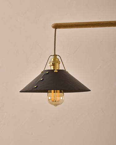 Robert True Ogden RTO Lighting - Medium Yaffa Swing Arm Sconce - Plug In - Black Leather Shade - Natural Oak Arm - Oil Rubbed Brass Wall Brackets#leather-shade_black-leather