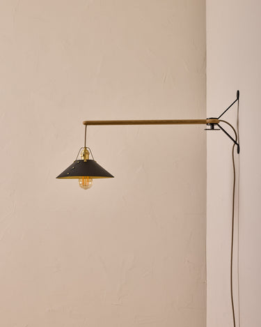 Robert True Ogden RTO Lighting - Medium Yaffa Swing Arm Sconce - Plug In - Black Leather Shade - Natural Oak Arm - Oil Rubbed Brass Wall Brackets#leather-shade_black-leather