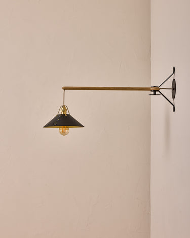 Robert True Ogden RTO Lighting - Medium Yaffa Swing Arm Sconce - Plug In - Black Leather Shade - Natural Oak Arm - Oil Rubbed Brass Wall Brackets#leather-shade_black-leather