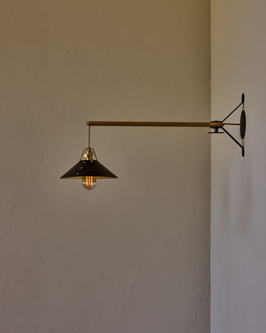 Robert True Ogden RTO Lighting - Medium Yaffa Swing Arm Sconce - Plug In - Black Leather Shade - Natural Oak Arm - Oil Rubbed Brass Wall Brackets#leather-shade_black-leather