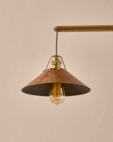 Robert True Ogden RTO Lighting - Medium Yaffa Swing Arm Sconce - Plug In - Cognac Leather Shade - Natural Oak Arm - Oil Rubbed Brass Wall Brackets#leather-shade_cognac-leather