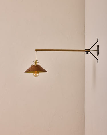 Robert True Ogden RTO Lighting - Medium Yaffa Swing Arm Sconce - Plug In - Cognac Leather Shade - Natural Oak Arm - Oil Rubbed Brass Wall Brackets#leather-shade_cognac-leather