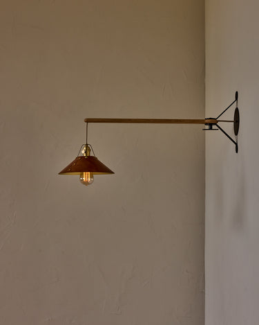 Robert True Ogden RTO Lighting - Medium Yaffa Swing Arm Sconce - Plug In - Cognac Leather Shade - Natural Oak Arm - Oil Rubbed Brass Wall Brackets#leather-shade_cognac-leather
