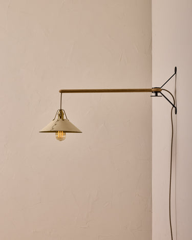 Robert True Ogden RTO Lighting - Medium Yaffa Swing Arm Sconce - Plug In - Eggshell Leather Shade - Natural Oak Arm - Oil Rubbed Brass Wall Brackets#leather-shade_eggshell-leather