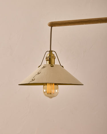 Robert True Ogden RTO Lighting - Medium Yaffa Swing Arm Sconce - Plug In - Eggshell Leather Shade - Natural Oak Arm - Oil Rubbed Brass Wall Brackets#leather-shade_eggshell-leather