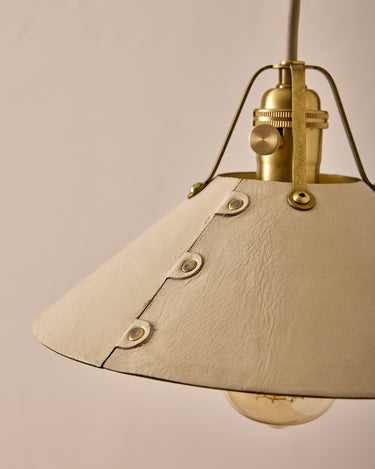 Robert True Ogden RTO Lighting - Medium Yaffa Swing Arm Sconce - Plug In - Eggshell Leather Shade - Natural Oak Arm - Oil Rubbed Brass Wall Brackets#leather-shade_eggshell-leather