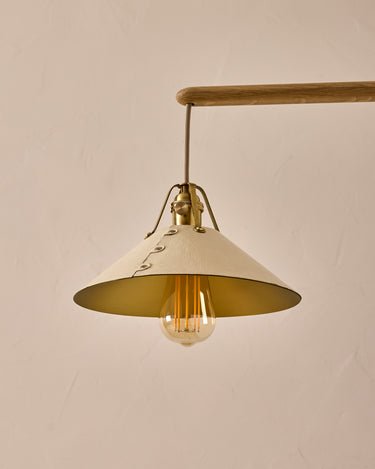 Robert True Ogden RTO Lighting - Medium Yaffa Swing Arm Sconce - Plug In - Eggshell Leather Shade - Natural Oak Arm - Oil Rubbed Brass Wall Brackets#leather-shade_eggshell-leather