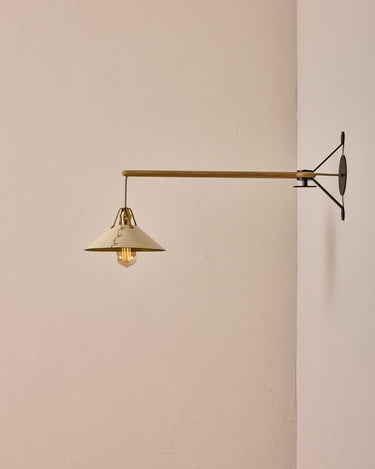 Robert True Ogden RTO Lighting - Medium Yaffa Swing Arm Sconce - Plug In - Eggshell Leather Shade - Natural Oak Arm - Oil Rubbed Brass Wall Brackets#leather-shade_eggshell-leather