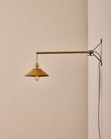 Robert True Ogden RTO Lighting - Medium Yaffa Swing Arm Sconce - Plug In - Natural Leather Shade - Natural Oak Arm - Oil Rubbed Brass Wall Brackets#leather-shade_natural-leather
