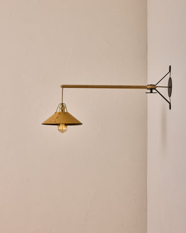Robert True Ogden RTO Lighting - Medium Yaffa Swing Arm Sconce - Plug In - Natural Leather Shade - Natural Oak Arm - Oil Rubbed Brass Wall Brackets#leather-shade_natural-leather