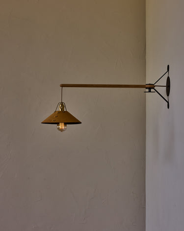 Robert True Ogden RTO Lighting - Medium Yaffa Swing Arm Sconce - Plug In - Natural Leather Shade - Natural Oak Arm - Oil Rubbed Brass Wall Brackets#leather-shade_natural-leather