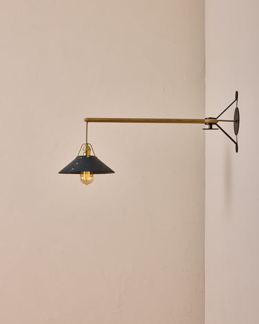 Robert True Ogden RTO Lighting - Medium Yaffa Swing Arm Sconce -Navy Leather Shade - Natural Oak Arm - Oil Rubbed Brass Wall Brackets#leather-shade_navy-leather