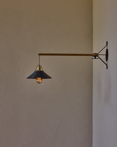 Robert True Ogden RTO Lighting - Medium Yaffa Swing Arm Sconce -Navy Leather Shade - Natural Oak Arm - Oil Rubbed Brass Wall Brackets#leather-shade_navy-leather