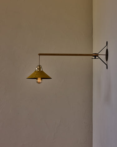Robert True Ogden RTO Lighting - Medium Yaffa Swing Arm Sconce - Spruce Leather Shade - Natural Oak Arm - Oil Rubbed Brass Wall Brackets#leather-shade_spruce-leather
