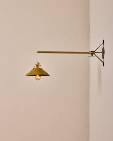 Robert True Ogden RTO Lighting - Medium Yaffa Swing Arm Sconce - Spruce Leather Shade - Natural Oak Arm - Oil Rubbed Brass Wall Brackets#leather-shade_spruce-leather
