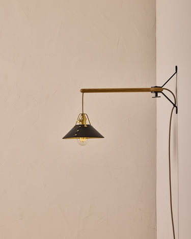 Robert True Ogden RTO Lighting - Small Yaffa Swing Arm Sconce - Black Leather Shade - Natural Oak Arm - Oil Rubbed Brass Wall Brackets#leather-shade_black-leather