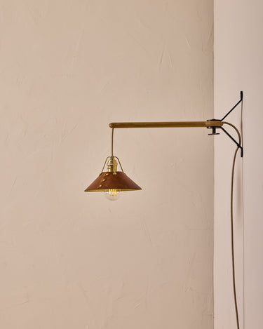 Robert True Ogden RTO Lighting - Small Yaffa Swing Arm Sconce - Cognac Leather Shade - Natural Oak Arm - Oil Rubbed Brass Wall Brackets#leather-shade_cognac-leather