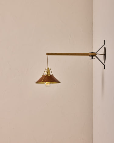 Robert True Ogden RTO Lighting - Small Yaffa Swing Arm Sconce - Cognac Leather Shade - Natural Oak Arm - Oil Rubbed Brass Wall Brackets#leather-shade_cognac-leather