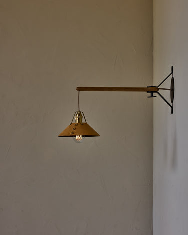 Robert True Ogden RTO Lighting - Small Yaffa Swing Arm Sconce - Natural Leather Shade - Natural Oak Arm - Oil Rubbed Brass Wall Brackets#leather-shade_natural-leather