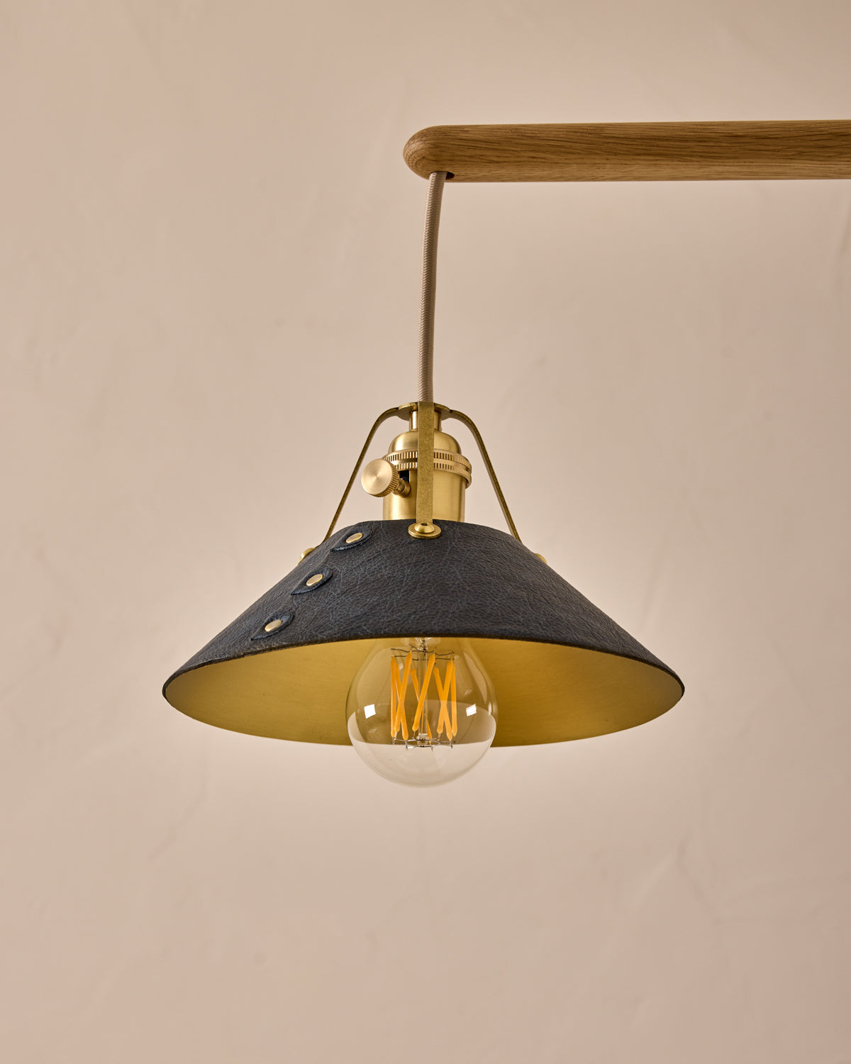 Robert True Ogden RTO Lighting -  Small Yaffa Swing Arm Sconce - Navy Leather Shade - Natural Oak Arm - Oil Rubbed Brass Wall Brackets#leather-shade_navy-leather