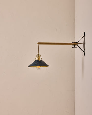 Robert True Ogden RTO Lighting - Small Yaffa Swing Arm Sconce - Navy Leather Shade - Natural Oak Arm - Oil Rubbed Brass Wall Brackets#leather-shade_navy-leather
