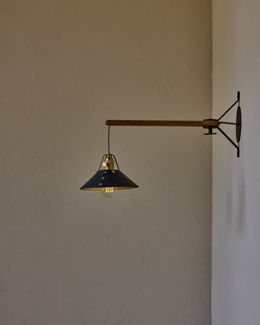 Robert True Ogden RTO Lighting - Small Yaffa Swing Arm Sconce - Navy Leather Shade - Natural Oak Arm - Oil Rubbed Brass Wall Brackets#leather-shade_navy-leather