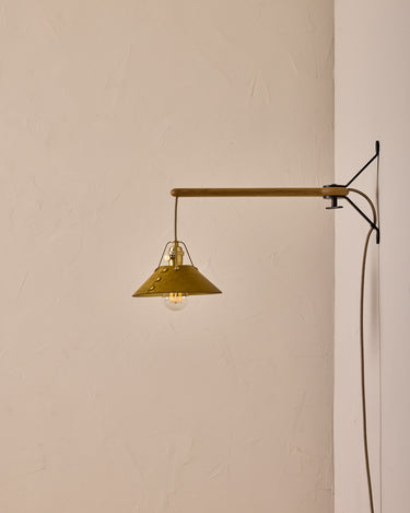 Robert True Ogden RTO Lighting - Small Yaffa Swing Arm Sconce - Spruce Leather Shade - Natural Oak Arm - Oil Rubbed Brass Wall Brackets#leather-shade_spruce-leather