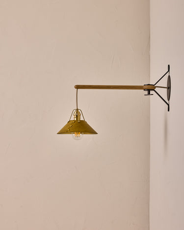 Robert True Ogden RTO Lighting - Small Yaffa Swing Arm Sconce - Spruce Leather Shade - Natural Oak Arm - Oil Rubbed Brass Wall Brackets#leather-shade_spruce-leather