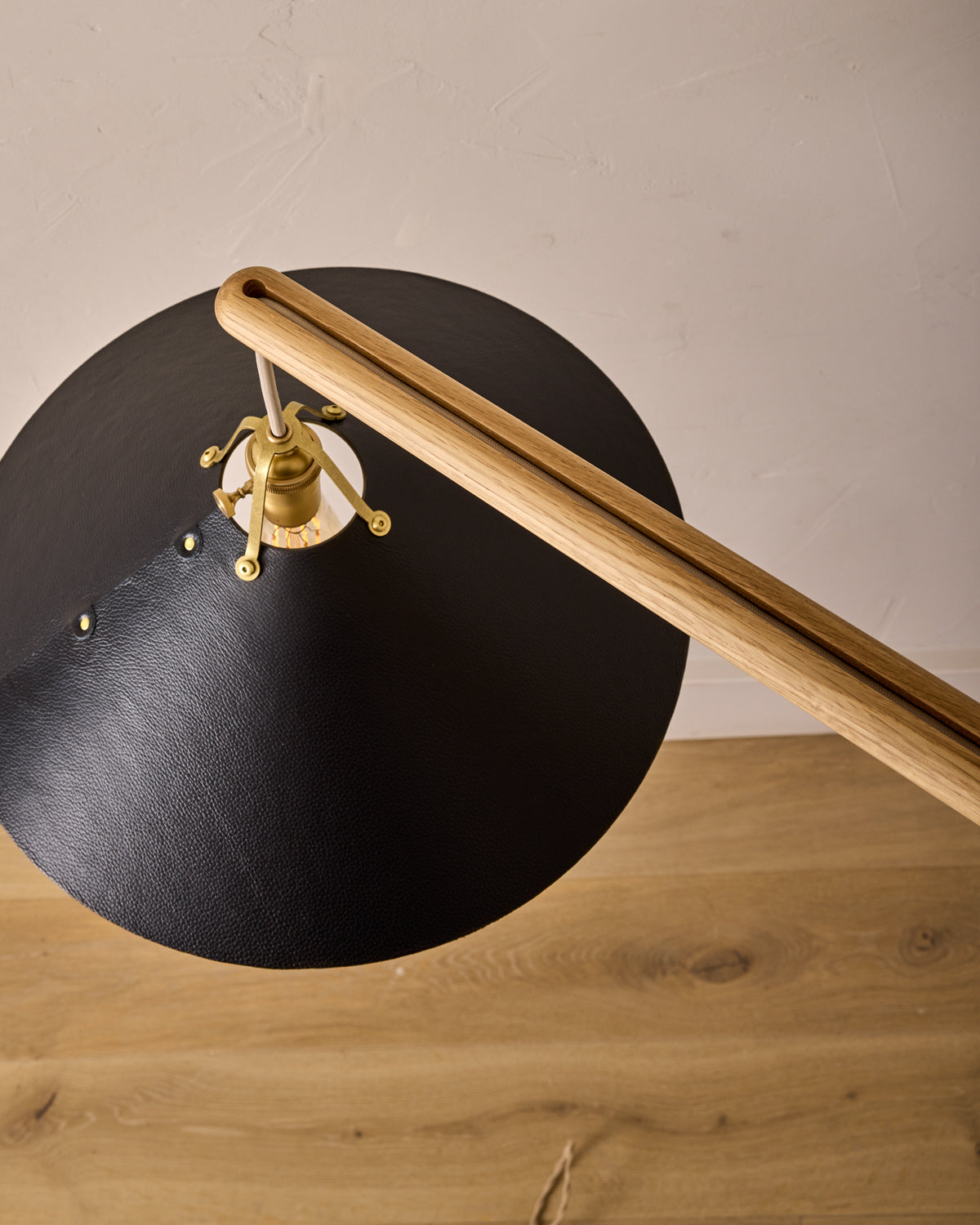 Robert True Ogden RTO Lighting - Extra Large Yaffa Swing Arm Sconce - Black Leather Shade - Natural Oak Arm - Oil Rubbed Brass Wall Brackets#leather-shade_black-leather