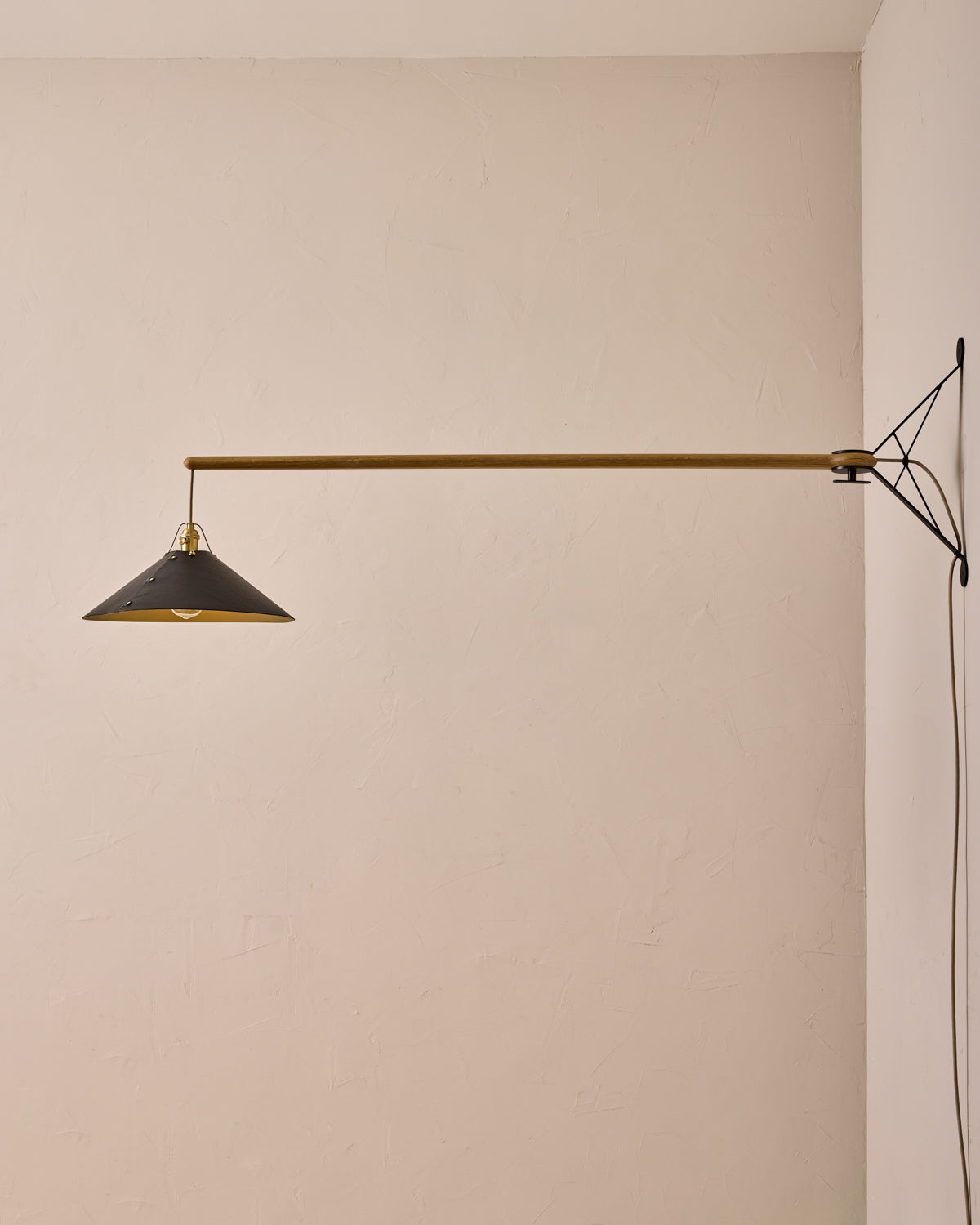 Robert True Ogden RTO Lighting - Extra Large Yaffa Swing Arm Sconce - Black Leather Shade - Natural Oak Arm - Oil Rubbed Brass Wall Brackets#leather-shade_black-leather