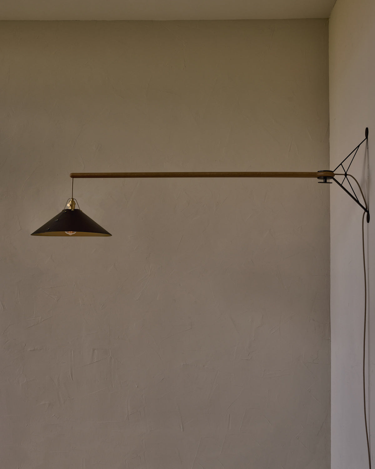 Robert True Ogden RTO Lighting - Extra Large Yaffa Swing Arm Sconce - Black Leather Shade - Natural Oak Arm - Oil Rubbed Brass Wall Brackets#leather-shade_black-leather