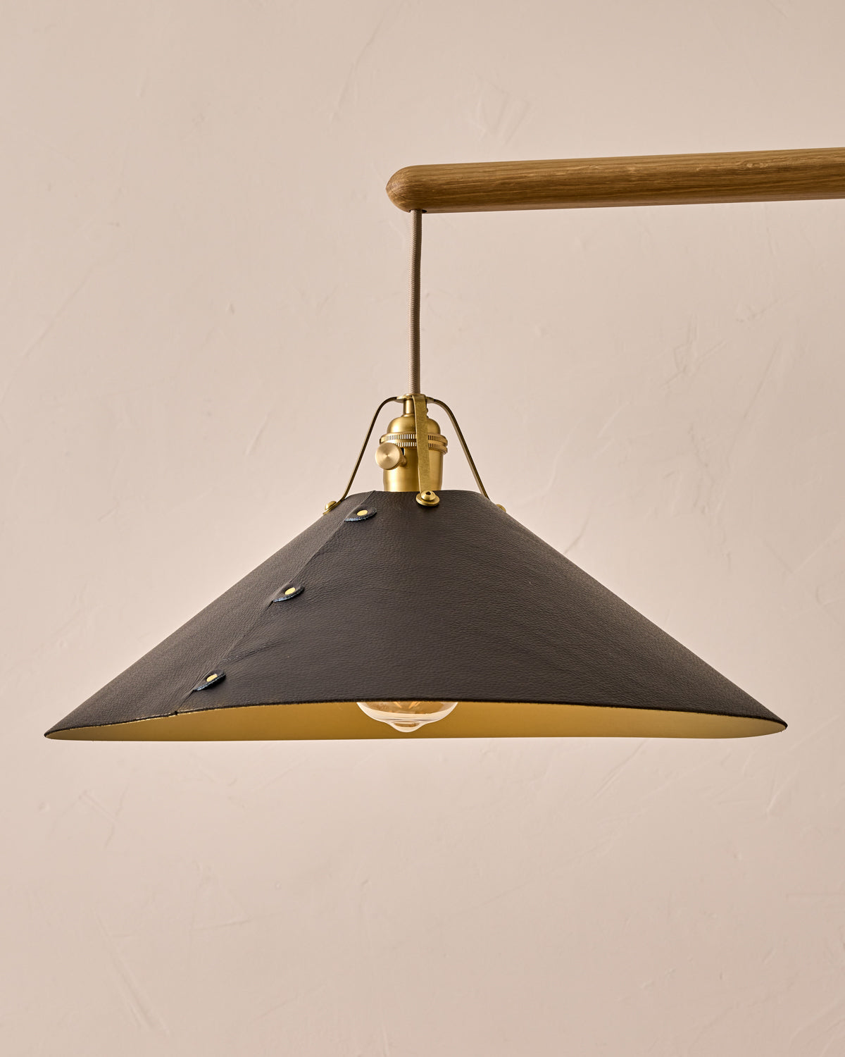 Robert True Ogden RTO Lighting - Extra Large Yaffa Swing Arm Sconce - Black Leather Shade - Natural Oak Arm - Oil Rubbed Brass Wall Brackets#leather-shade_black-leather