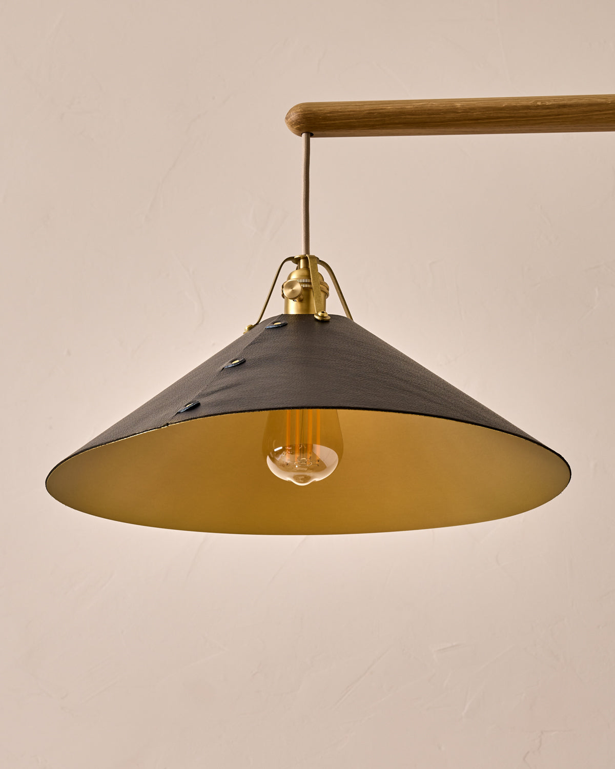 Robert True Ogden RTO Lighting - Extra Large Yaffa Swing Arm Sconce - Black Leather Shade - Natural Oak Arm - Oil Rubbed Brass Wall Brackets#leather-shade_black-leather