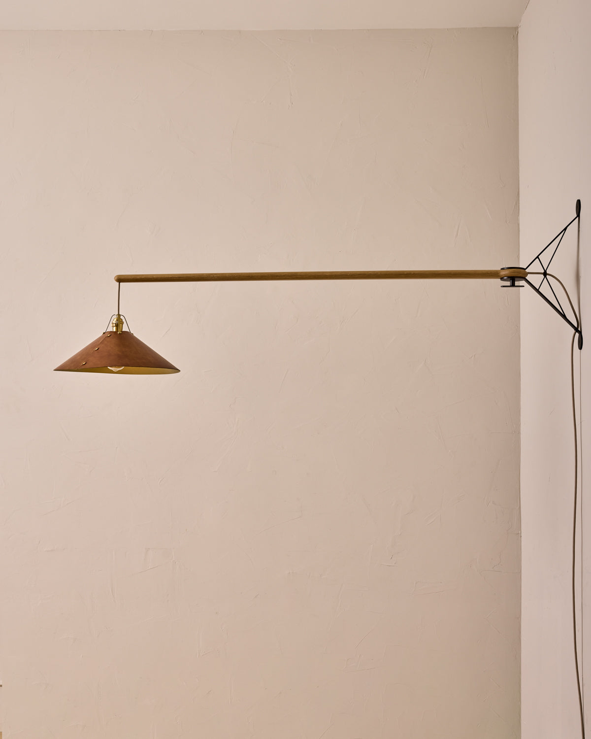 Robert True Ogden RTO Lighting - Extra Large Yaffa Swing Arm Sconce - Cognac Leather Shade - Natural Oak Arm - Oil Rubbed Brass Wall Brackets#leather-shade_cognac-leather